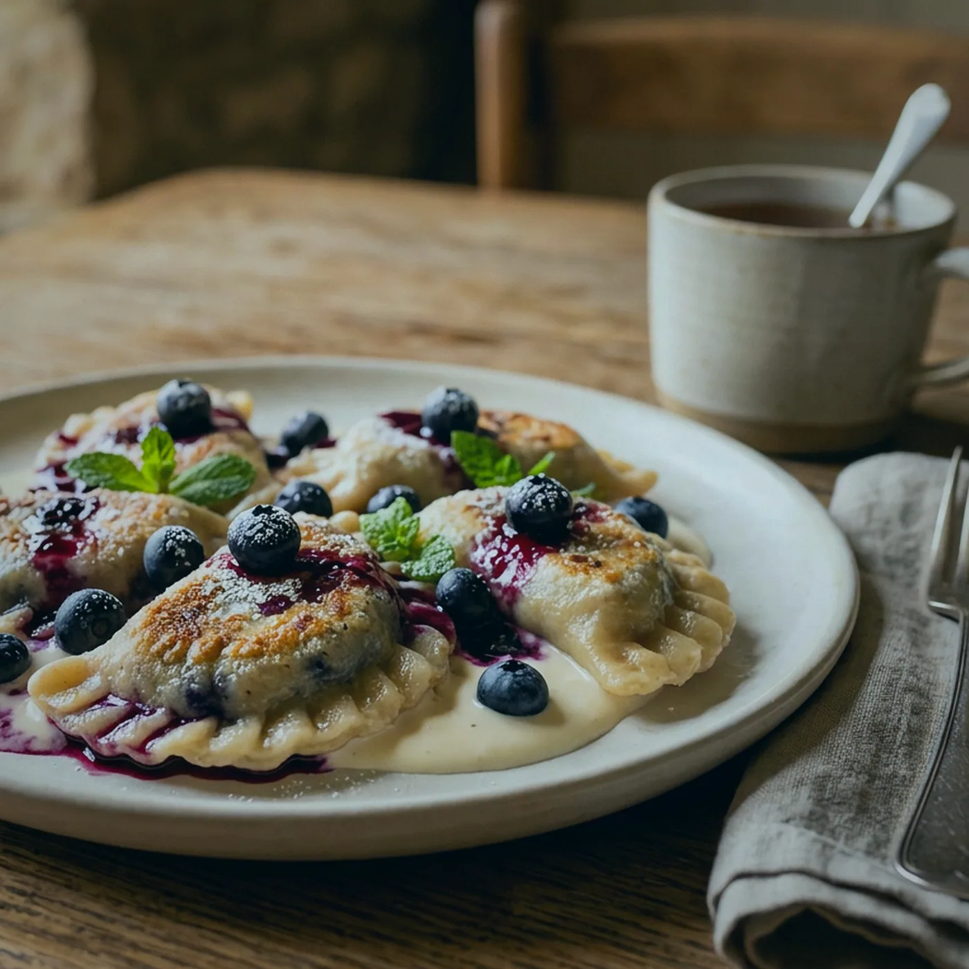Pierogi z kaszą gryczaną i skwarkami na białym talerzu