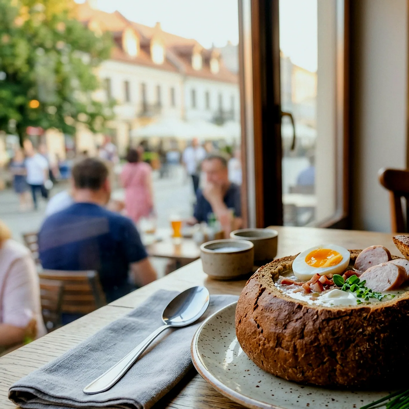 Sernik z kleksem powideł śliwkowych i łyżką bitej śmietany