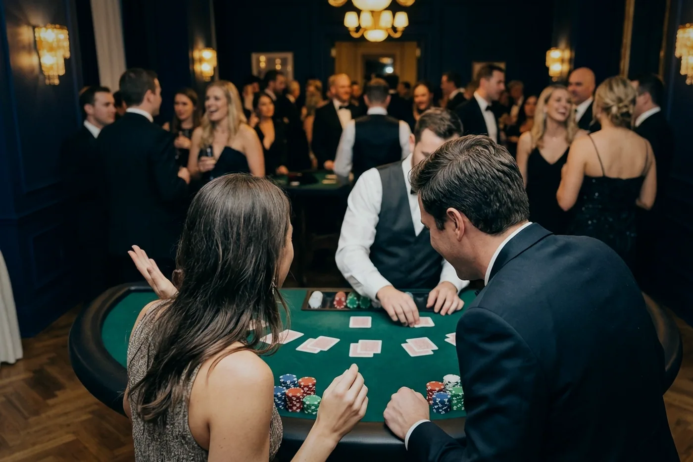 Radosław Jaworski sprawdza wysokość lampy nad stołem w pustej sali pokerowej