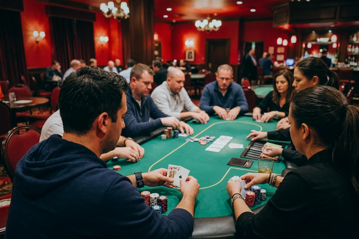 Stół pokerowy z kartami i stosami żetonów w półmroku sali na piętrze