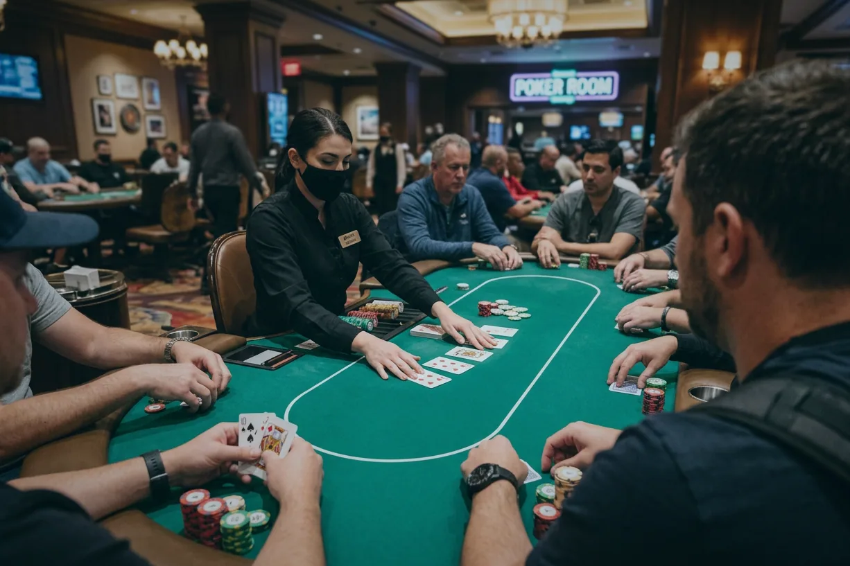 Stół pokerowy z kartami wspólnymi ułożonymi na środku sukna