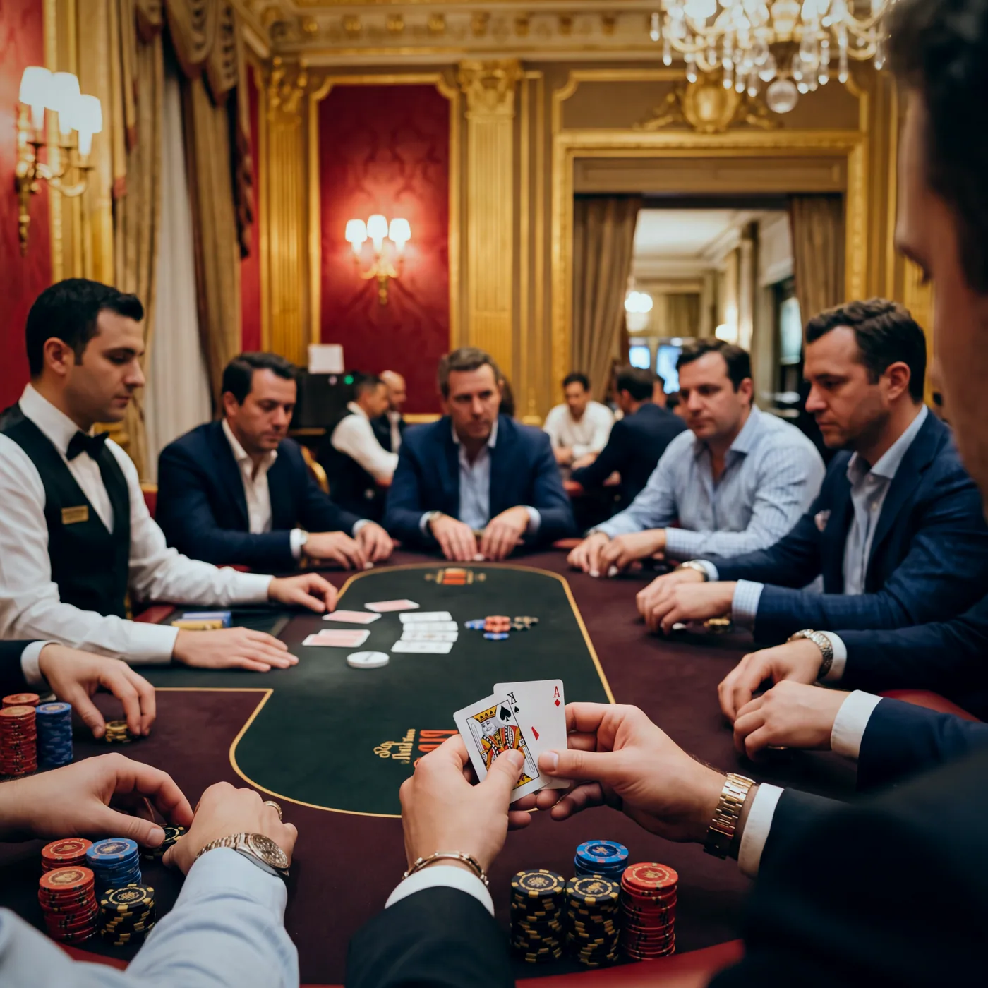 Stosy żetonów w kolorach na brzegu stołu pokerowego